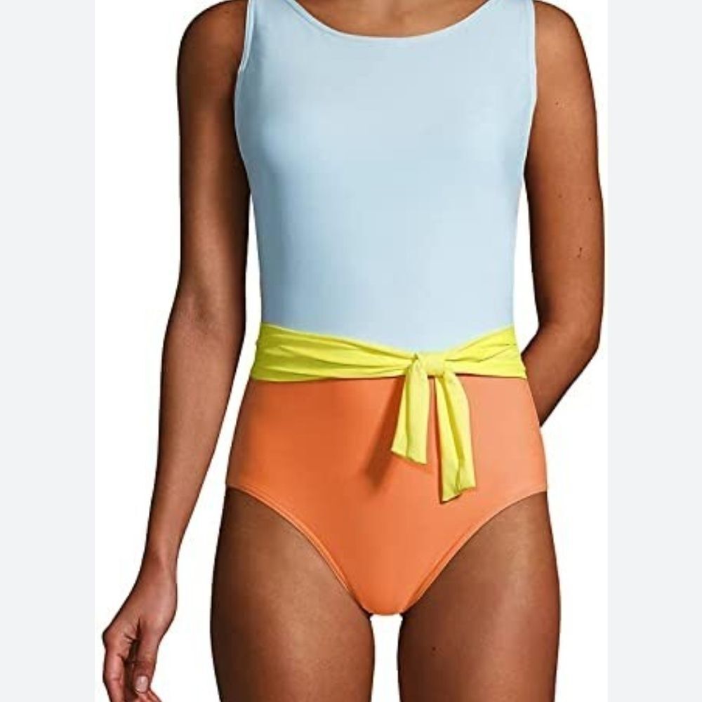 Lands' End Light Blue and Orange One Piece Swimsuit